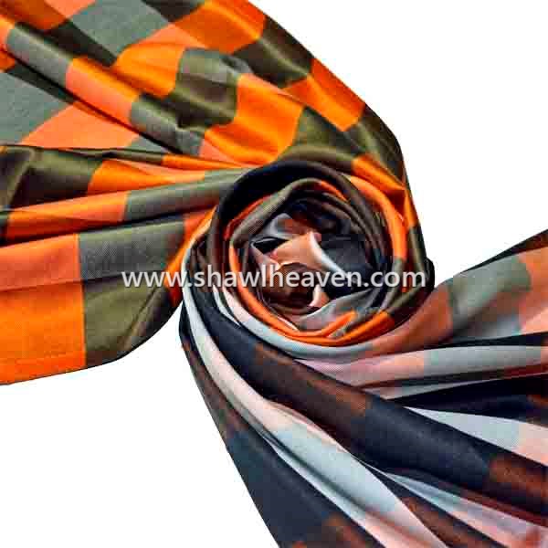 Orange charcoal bold check satin silk scarves from india